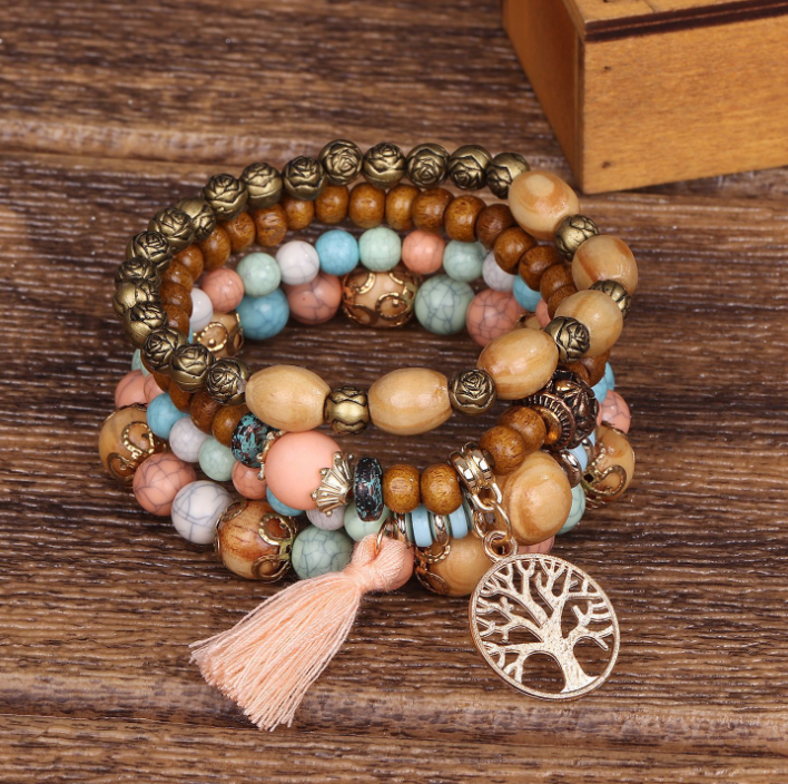 Bohemian style multi-layer wood beaded bracelet LMH Beauty