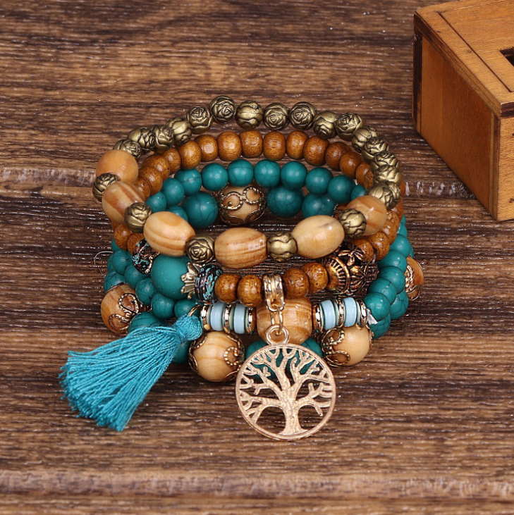 Bohemian style multi-layer wood beaded bracelet LMH Beauty
