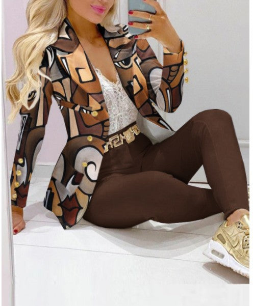 Women Fashion Print Top, Blazer and Pants LMH Beauty