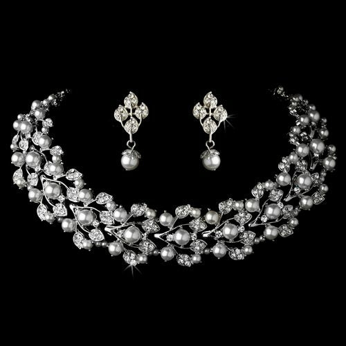 Crystal Pearl Fashion Necklace Earrings Jewelry Set