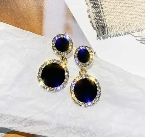 Midnight Glam Blue Crystal Dangle Earrings – Sparkling Gold Accents
