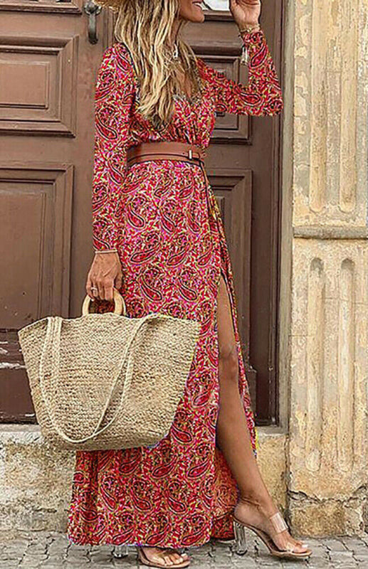 Women's V-neck long-sleeved Printed Long Dress (with belt)