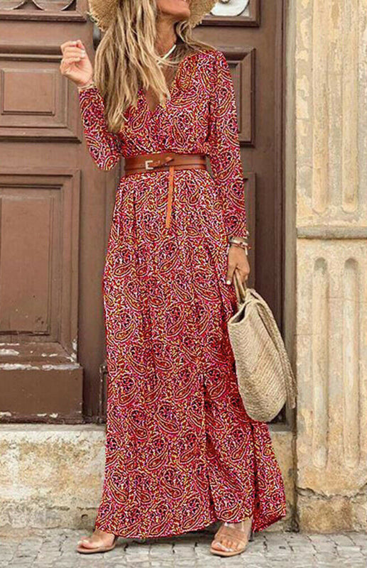 Women's V-neck long-sleeved Printed Long Dress (with belt)