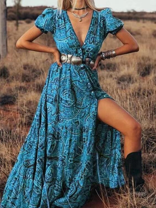 Women's Printed V-neck Short-sleeved Bohemian Dress (belt not included)