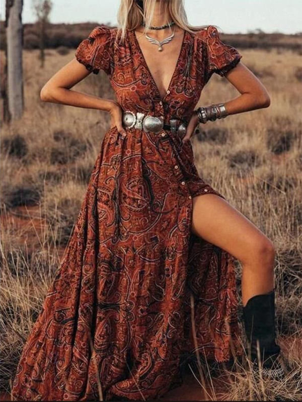 Women's Printed V-neck Short-sleeved Bohemian Dress (belt not included)