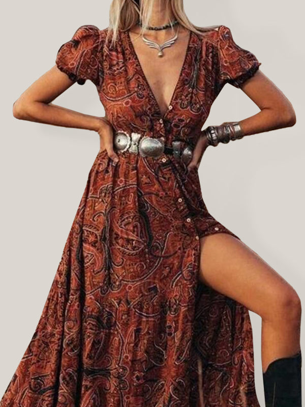 Women's Printed V-neck Short-sleeved Bohemian Dress (belt not included)