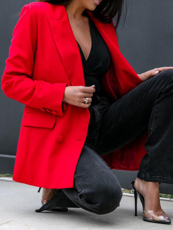 Women's fashion autumn and winter long-sleeved double-breasted suit collar jacket