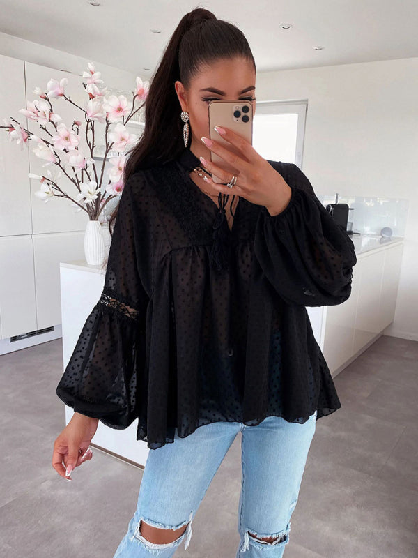 Women's Chiffon  Lace Loose Balloon Sleeve Top