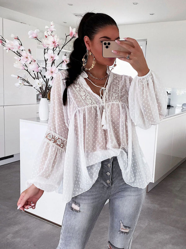 Women's Chiffon  Lace Loose Balloon Sleeve Top