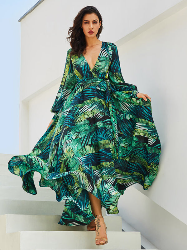 Women's Lantern Sleeve V Neck Print Swing Dress