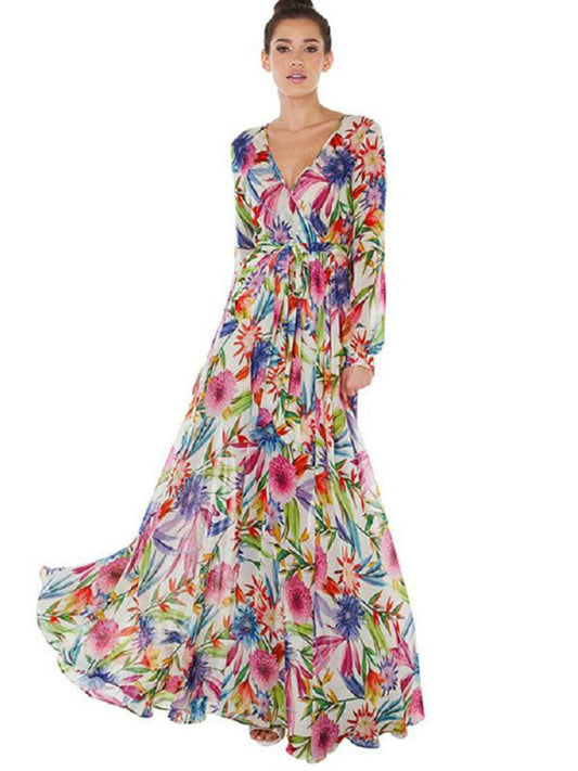 Women's Lantern Sleeve V Neck Print Swing Dress