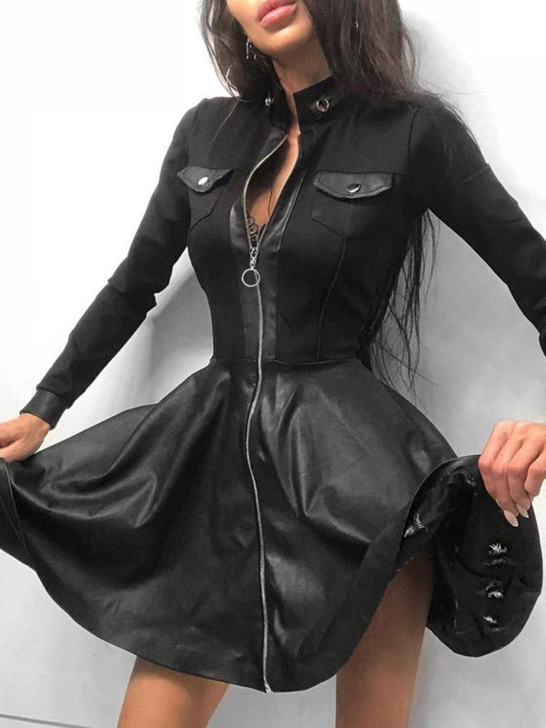 Women's Long sleeve V-neck Zipper Pocket Dress