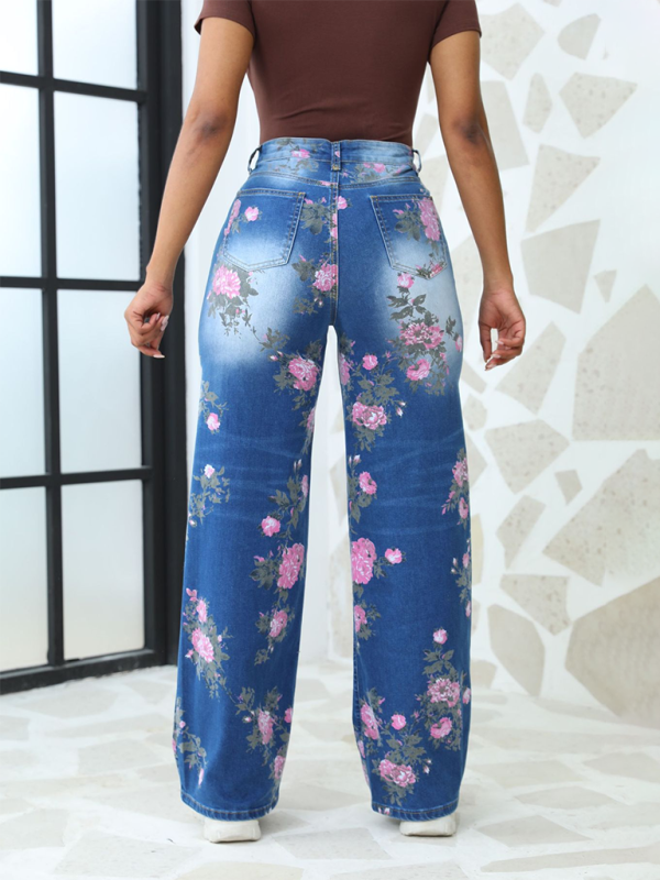 Women's Floral Printed Wide Leg Pants Jeans