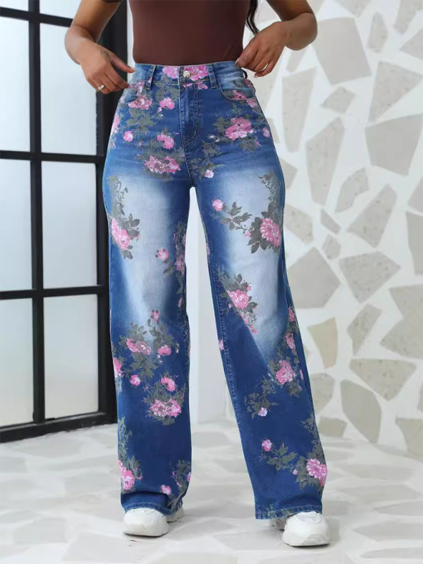 Women's Floral Printed Wide Leg Pants Jeans