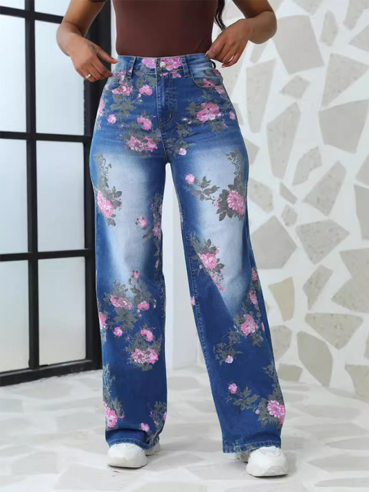 Women's Floral Printed Wide Leg Pants Jeans