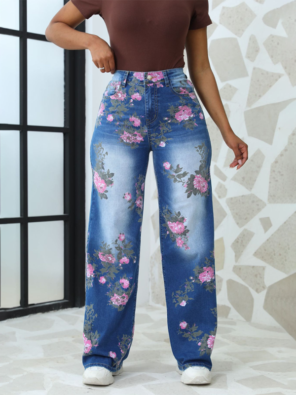 Women's Floral Printed Wide Leg Pants Jeans