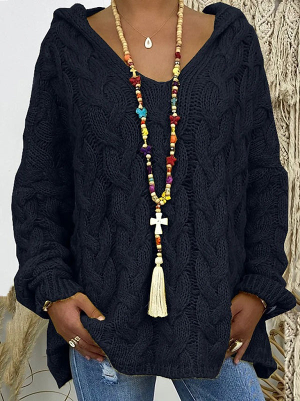 Women's Long-sleeved Hooded V-neck Knitted Sweater (without necklace)