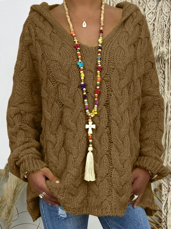 Women's Long-sleeved Hooded V-neck Knitted Sweater (without necklace)