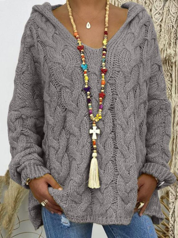 Women's Long-sleeved Hooded V-neck Knitted Sweater (without necklace)