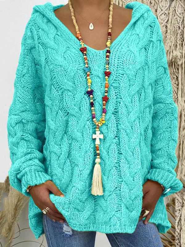 Women's Long-sleeved Hooded V-neck Knitted Sweater (without necklace)