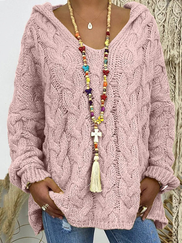 Women's Long-sleeved Hooded V-neck Knitted Sweater (without necklace)