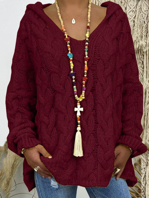 Women's Long-sleeved Hooded V-neck Knitted Sweater (without necklace)