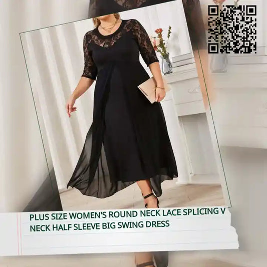 Plus size women's round neck lace splicing V neck half sleeve big swing dress by@Outfy