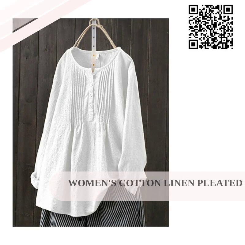 Women's Cotton Linen Pleated Round Neck Long Sleeve Shirt by@Outfy