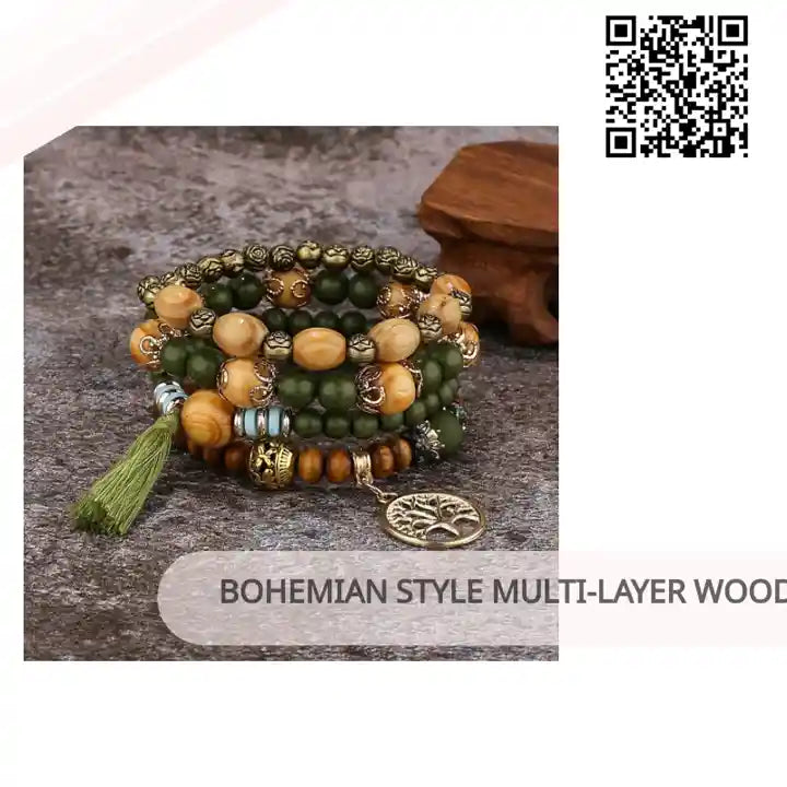 Bohemian style multi-layer wood beaded bracelet by@Outfy