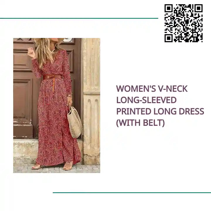Women's V-neck long-sleeved Printed Long Dress (with belt) by@Outfy