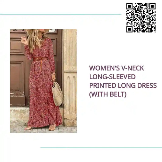 Women's V-neck long-sleeved Printed Long Dress (with belt) by@Outfy