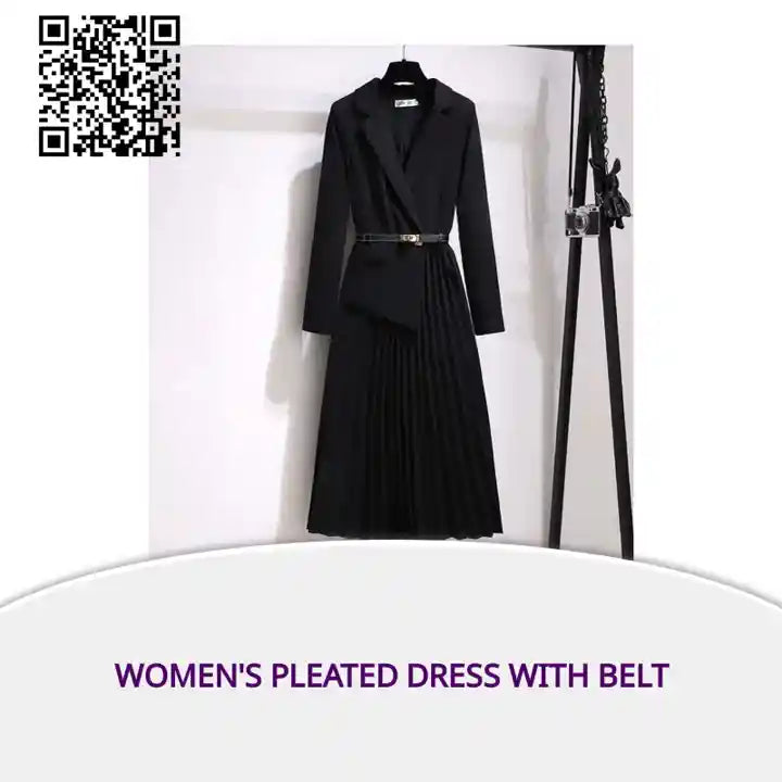 Women's Pleated Dress With Belt by@Outfy
