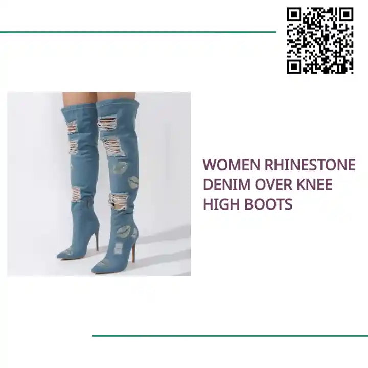 Women Rhinestone Denim Over Knee High Boots by@Outfy