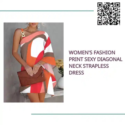 Women's Fashion Print Sexy Diagonal Neck Strapless Dress by@Outfy