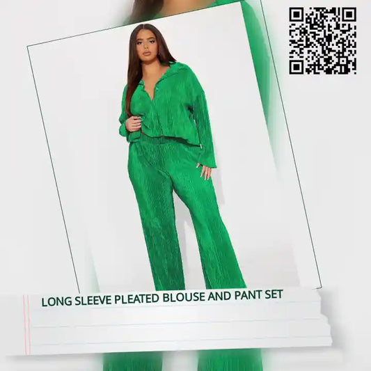 Long Sleeve Pleated Blouse And Pant Set by@Outfy