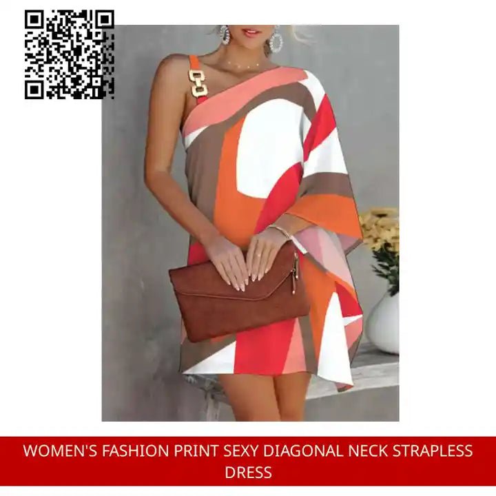 Women's Fashion Print Sexy Diagonal Neck Strapless Dress by@Outfy