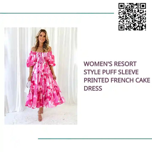 Women's Resort Style Puff Sleeve Printed French Cake Dress by@Outfy