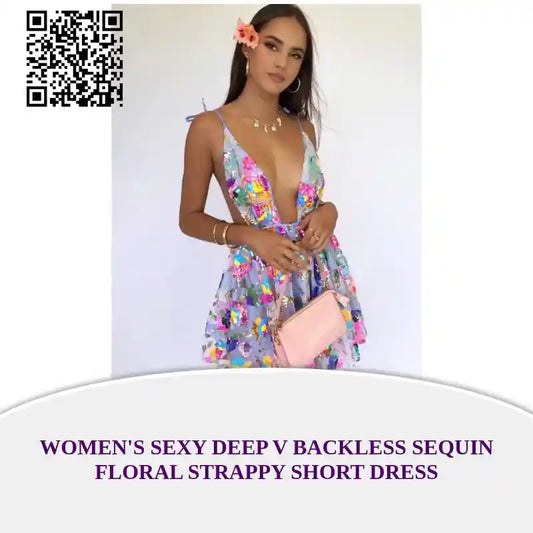Women's Sexy Deep V Backless Sequin Floral Strappy Short Dress by@Outfy
