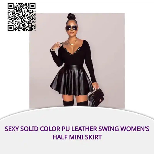 Sexy solid color PU leather swing women's half mini skirt by@Outfy