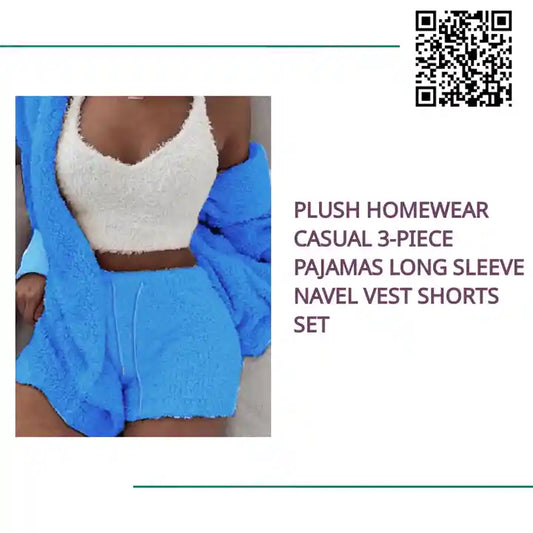 Plush Homewear Casual 3-piece Pajamas Long Sleeve Navel Vest Shorts Set by@Outfy