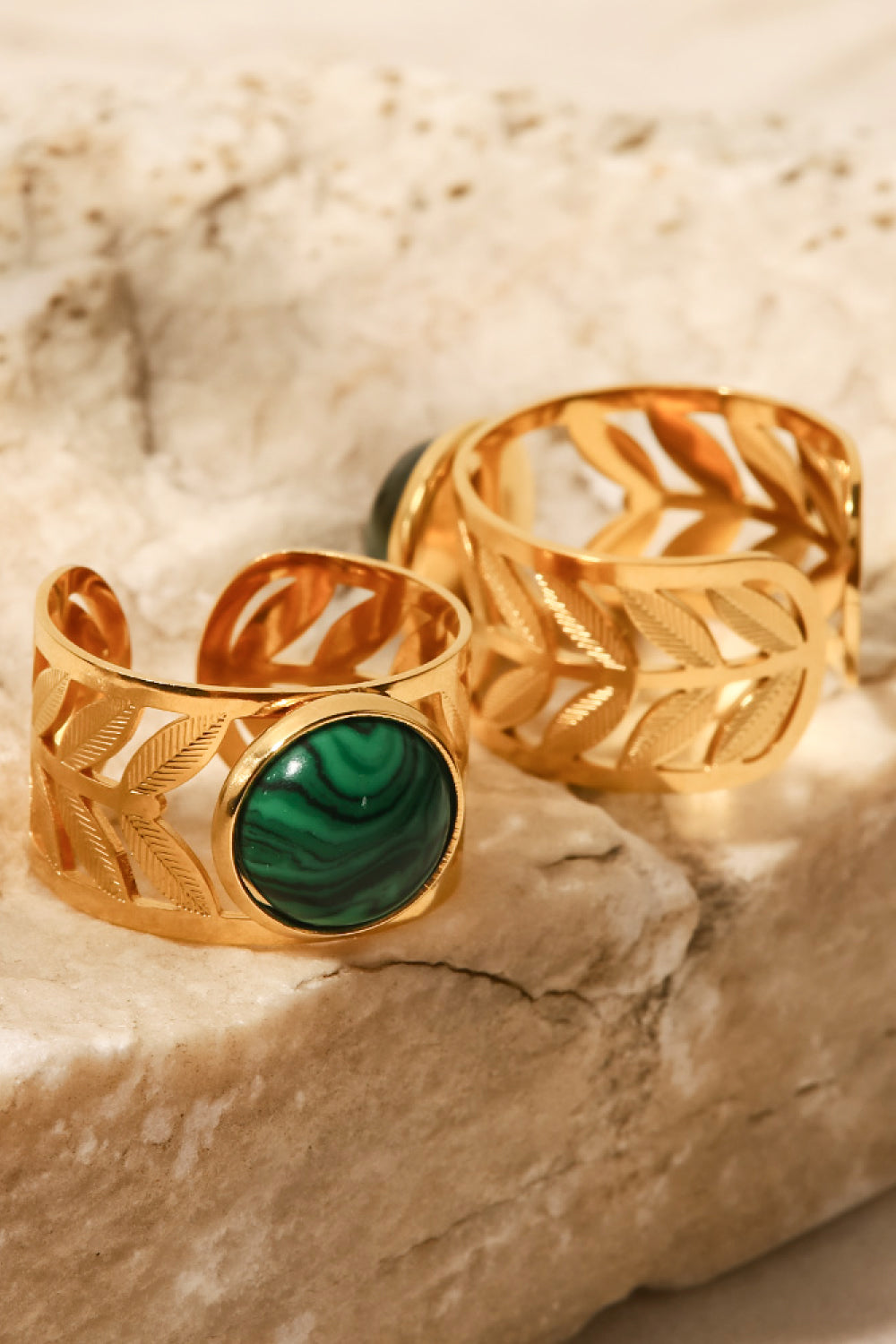 18k Gold Plated Malachite Leaf Ring LMH Beauty
