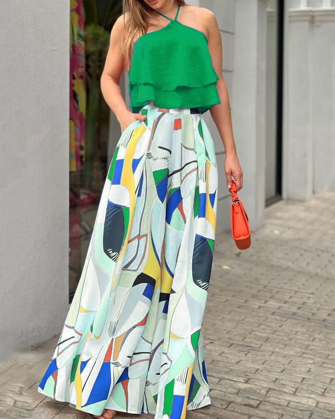Halter Top and Floral Printed Wide Leg Pants LMH Beauty