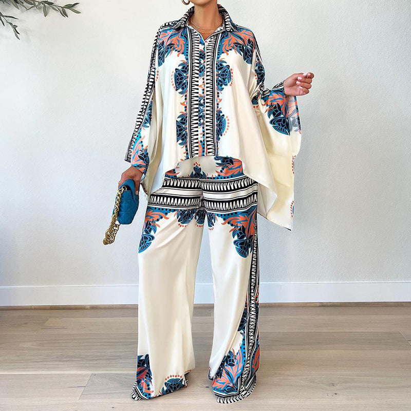Women New Printed blouse and Long Wide Leg Pant Suit LMH Beauty