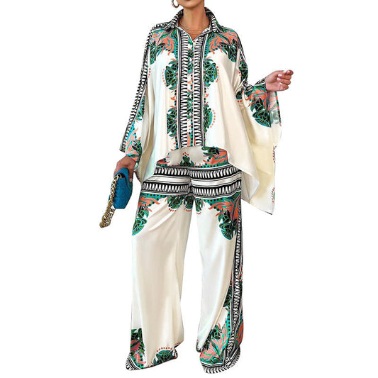 Women New Printed blouse and Long Wide Leg Pant Suit LMH Beauty