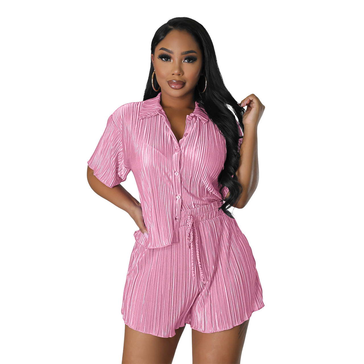 Women Solid Matching Pleated Shorts and Shirts Set LMH Beauty