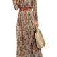 Women's V-neck long-sleeved Printed Long Dress (with belt)