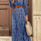 Women's V-neck long-sleeved Printed Long Dress (with belt)