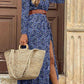 Women's V-neck long-sleeved Printed Long Dress (with belt)