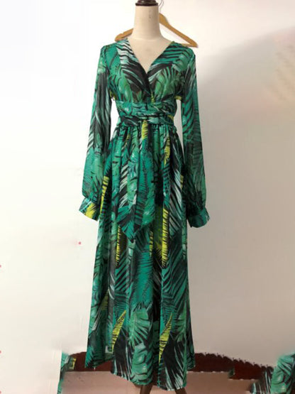 Women's Lantern Sleeve V Neck Print Swing Dress
