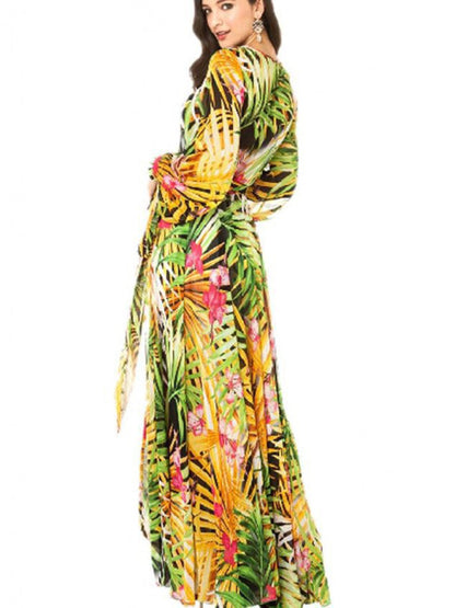 Women's Lantern Sleeve V Neck Print Swing Dress